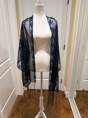 Source Unknown Navy Sheer Lace Fringe Shawl Wrap